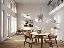 Näyttävä oleskelutila, jossa isot ikkunat ja korkea huonekorkeus.