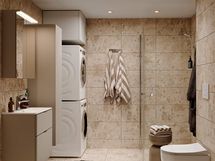 Lisähintainen kylpyhuonetyyli Kivinen Hieta. Visualisoinnissa lisäksi valittuna hiekan värinen allaslaatikosto, peilikaappi ja pyykkikaappi sekä pesutorni. (M-koon kylpyhuone).