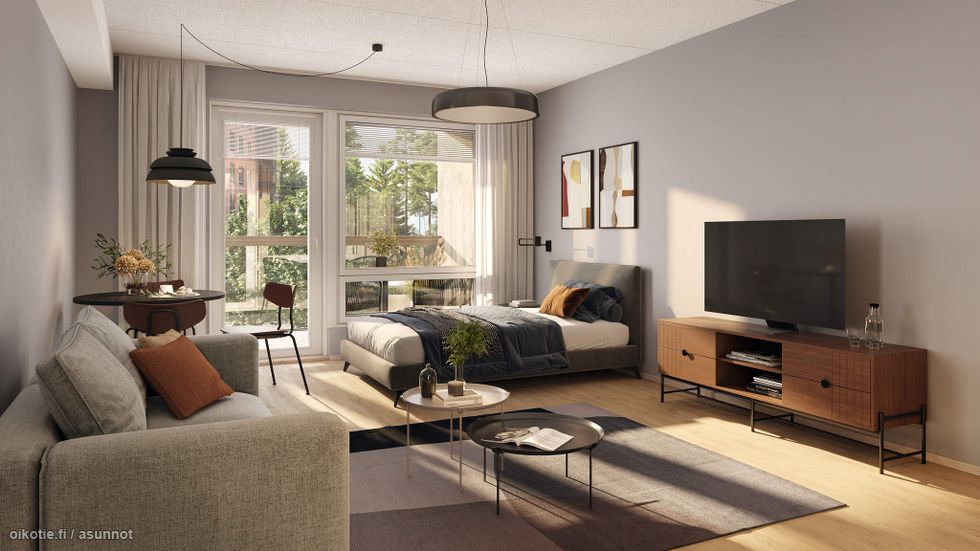 Alustava visualisointi 2. kerroksen vastaavasta 29,5-neliöisestä kodista (1h+kt)