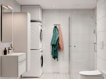 Visualisointi hintaan kuuluvasta kylpyhuonetyylistä Lumi. Visualisointi M-koon kylpyhuoneesta, johon on lisäksi valittuna lisähintainen pesutorni. S-koon kylpyhuoneeseen ei mahdu pesutornia, vaan esim. kuivaava pesukone.