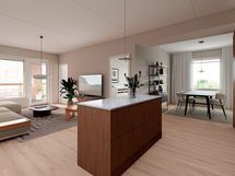 Visualisointikuva, taiteilijan näkemys Novellin 86 m²:n asunnon pohjaratkaisusta, vaihtoehto 1.