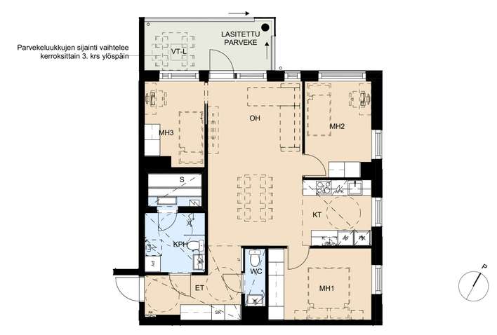 Kerrostalo, 4h+kt+s, 79 m², Pöytäalho – pohled 2