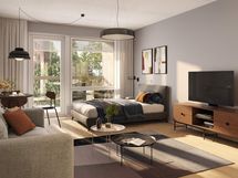 Alustava visualisointi 2. kerroksen vastaavasta 29,5-neliöisestä kodista (1h+kt)