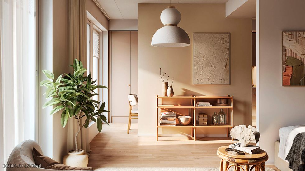 Visualisointi 33,5-neliöisestä yksiöstä (asunnot D3, D9, D16 1h+kt).