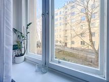 Ikkunasta näkymä itään talon rauhalliselle takapihalle. Ikkunassa rullaverho.