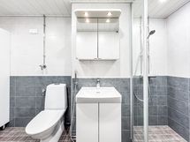 Laatoitetussa kylpyhuoneessa on hyvä suihkutila sekä oma looginen paikka pesukoneelle.