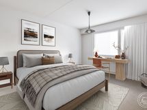 Havainnekuva makuuhuoneesta kalustettuna seinä- ja lattiapintojen uusimisen jälkeen.