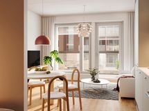 Visualisointi 32-neliöisestä yksiöstä alkovilla (asunnot D11, D18, 1h+kt).