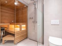 Valokuva asunnosta B 45 - Saunan lauteet ovat tervaleppää, ovi ja seinä kirkasta lasia.