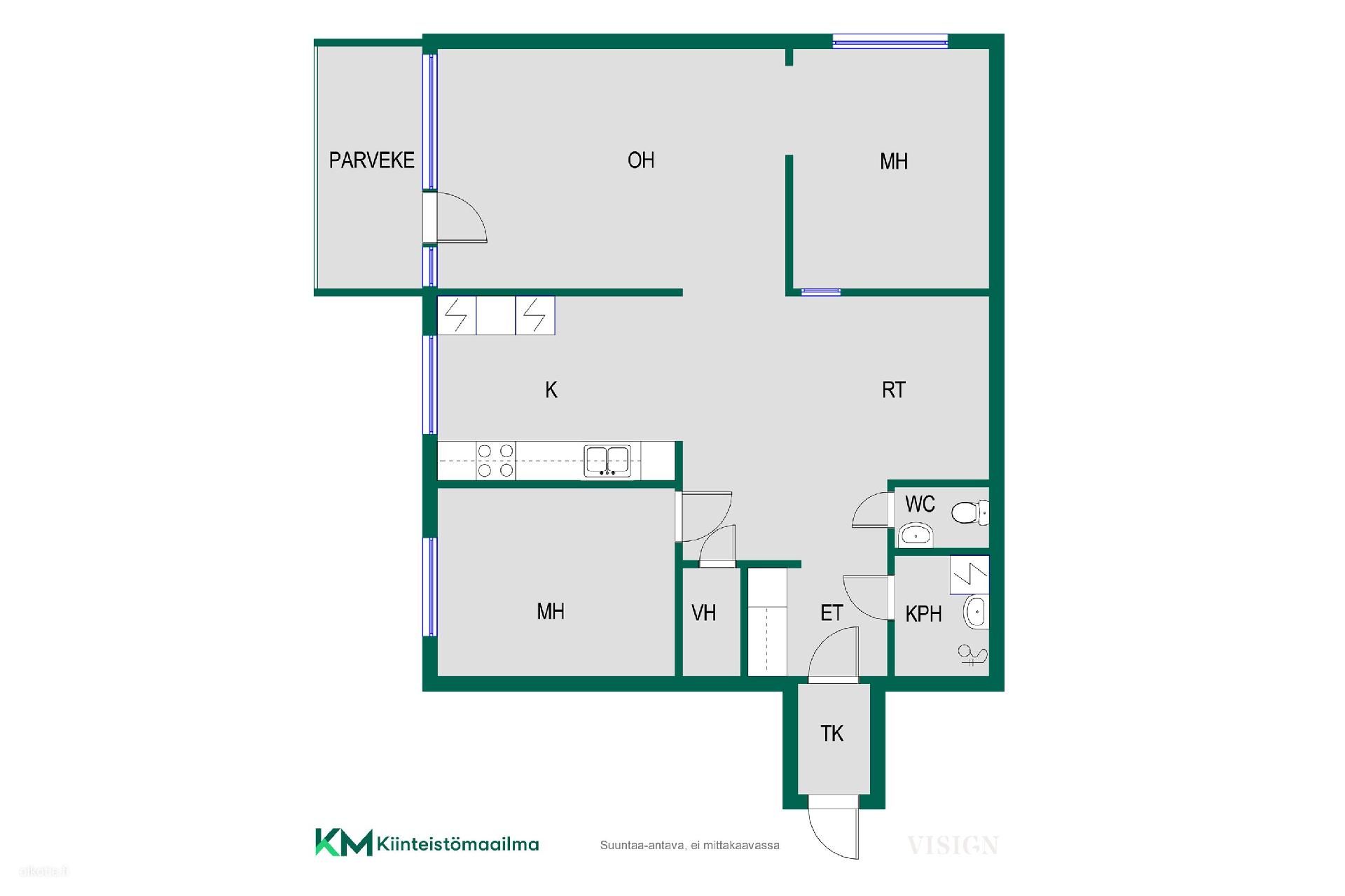 Kerrostalo, 3h, avok, kph, erill.wc, vh, las.parveke, 78,5 m², Lehtisaari - Näkymä 2
