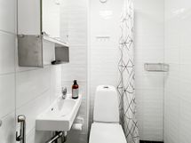 Kompakti laatoitettu kylpyhuone, jossa wc ja suihku.