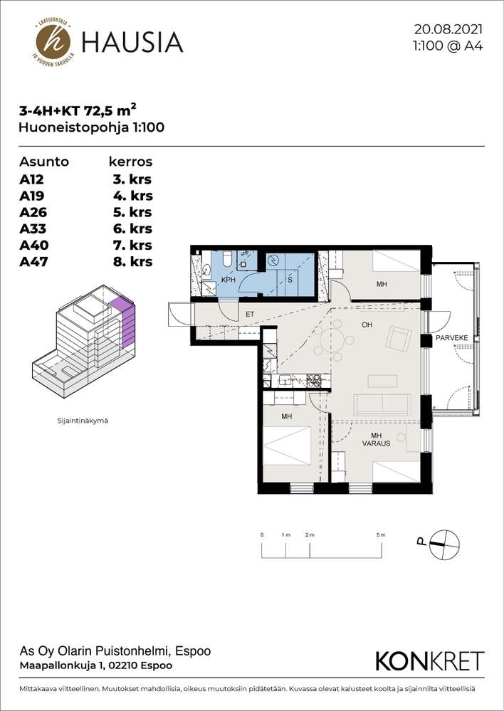 Kerrostalo, 3-4h+kt+s+lasitettu parveke, 72,5 m², Olari – pohled 3