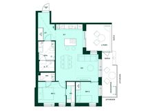 3–4h+kt+s, 73,5 m². Kolmio, jossa sauna ja lasitettu parveke.