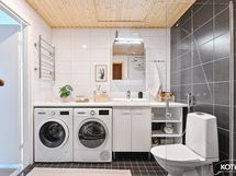 kylpyhuoneessa on huomioitu hyvin tilaa myös pyykkihuollolle