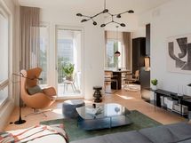 Visualisointi 3. kerroksen vastaavasta kodista (3h+kt+s, 65,5 m²)