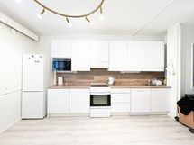 Tyylikäs keittiö, jossa astianpesukone valmiina.