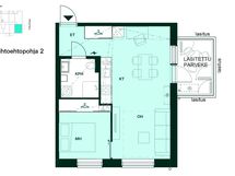 Vaihtoehtoisessa pohjaratkaisussa keittiön saareke on poistettu ja jääkaappipakastin on tuotu keittotilan toiselle seinustalle.