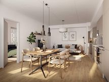 Alustava visualisointi 2. kerroksen vastaavasta 48-neliöisestä kodista (2h+kt+s)