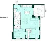 3–4h+kt+s, 71,0 m. Vaihtoehtopohjassa kaksi korkeaa kylmälaitetta ja saarekkeessa lieden lisäksi uuni.