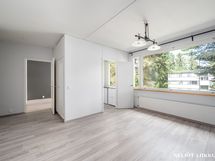 Näkymä olohuoneen nurkasta eteiseen, josta kulku makuuhuoneeseen