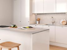 Visualisointikuva hintaan kuuluvasta vaihtoehtoisesta Halla-keittiötyylistä