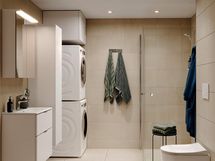 Lisähintainen kylpyhuonetyyli Hieta. Visualisoinnissa lisäksi valittuna valkoinen allaslaatikosto sekä pesutorni (M-koon kylpyhuone).