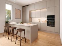 Keittiön kaapistoissa on kaunis kashmirin sävy; työtaso ja välitila ovat kvartsia. Tarkka tuotelistaus saatavilla asuntomyynnistä.