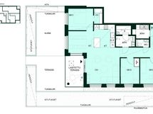 Valoisa ja hyvin suunniteltu neliö, jossa tilava olohuone–keittiö, kolme makuuhuonetta ja viihtyisät terassialueet (4h+kt+s, 93,5 m²).
