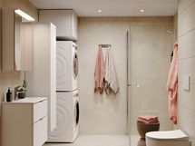 Lisähintainen kylpyhuonetyyli Hiekka. Visualisoinnissa lisäksi valittuna valkoinen allaslaatikosto sekä pesutorni. Kuvasta poiketen kylpyhuoneissa on 10x10 cm kokoinen lattialaatta.