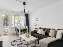 Olohuoneeseen mahtuu hyvin sohva ja pöytä