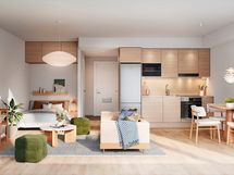 Visualisointi 31-neliöisestä kaksiosta (asunnot E40, E47 ja E54, 1h+kt), jonne on mahdollista toteuttaa lisätyönä yläkaapit alkoviin.