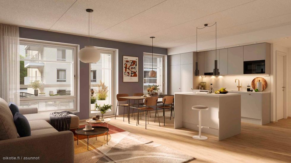 Visualisointi vastaavasta ensimmäisen kerroksen kodista (3-4h+kt+s, 81,5 m²)