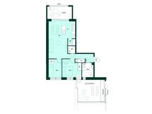 3h+kt, 68,5 m². Kolmio, jossa kaksi makuuhuonetta, lasitettu parveke ja kattoterassi.
