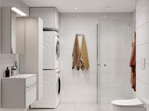 Visualisointi hintaan kuuluvasta kylpyhuonetyylistä Lumi. Visualisoinnissa lisäksi valittuna lisähintainen pesutorni.