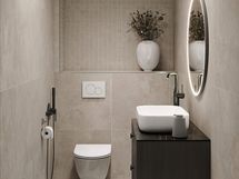 Visualisointikuva Tuhka-tyylillä sisustetusta erillis-wc:stä