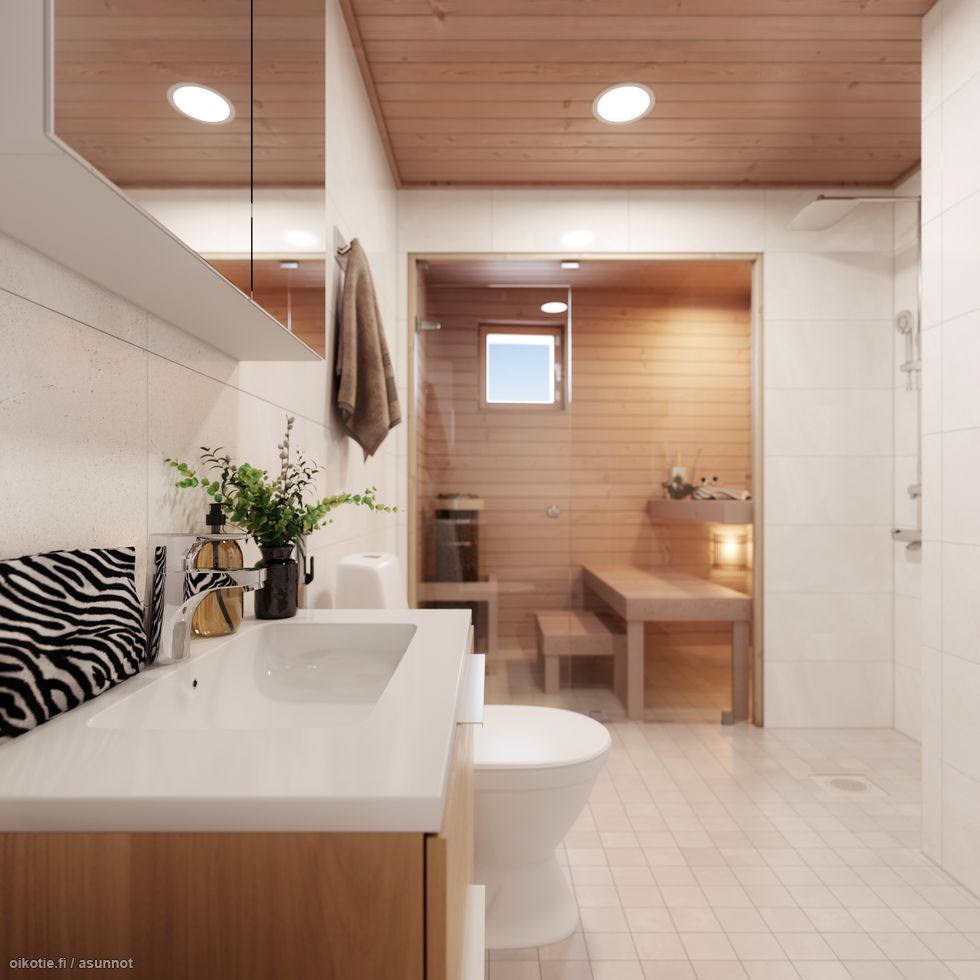 Visualisointikuvassa taiteilijan näkemys 41 m2 kodin kylpyhuoneesta. Osa tuotteista lisähintaisia.