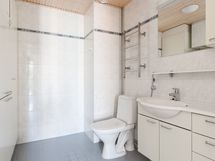 Erillinen, tilava wc, jossa on hyvät säilytystilat.