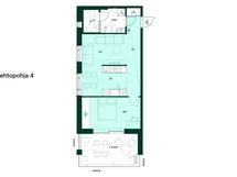 2h+kt+s, 54,5 m². Vaihtoehtopohjassa lisää säilytystilaa saa sijoittamalla makuuhuoneen parvekkeen viereen.