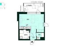 Yksiö, jossa keittotila ja olohuone muodostavat yhtenäisen oleskelutilan, erillinen makuutila, vaatehuone ja lasitettu parveke.