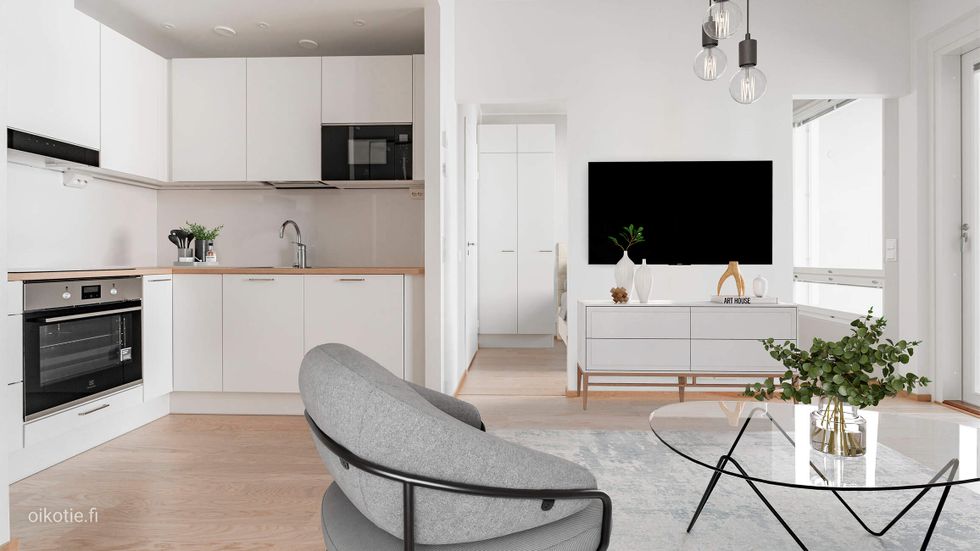 Digistailattu asunto A 24 -Kulmakeittiössä on Puustellin kalusteet ja Electroluxin kodinkoneet,