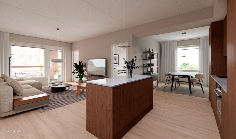 Visualisointikuva, taiteilijan näkemys Novellin 86 m²:n asunnon pohjaratkaisusta, vaihtoehto 1.