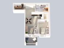 3D-pohjakuva asunnosta C43.  Asunnossa C39 on  isompi parveke kuin 3D-kuvassa.