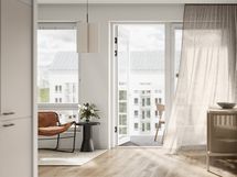 Visualisointikuvassa taiteilijan näkemys 6. kerroksen 48 m² asunnosta A45.