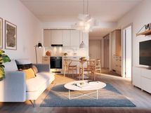 Visualisointi (2h+kt, 37 m²) – vaihtoehtopohja 2. Keittiö poikkeaa peruspohjasta.