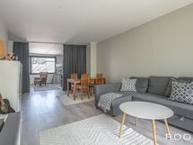 Olohuone ja vastapäinen makuuhuone muodostavat nyt 40 m2:n yhtenäisen oleskelutilan.