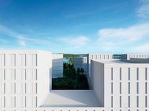 Visualisoitu näkymä asunnosta A 22. Kuvissa näkyvät rakennukset ovat viitteellisiä perustuen asemakaavaan.