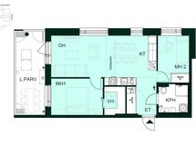 Kolmio, jossa kaksi makuuhuonetta, avokeittiö, olohuone, vaatehuone ja lasitettu parveke.