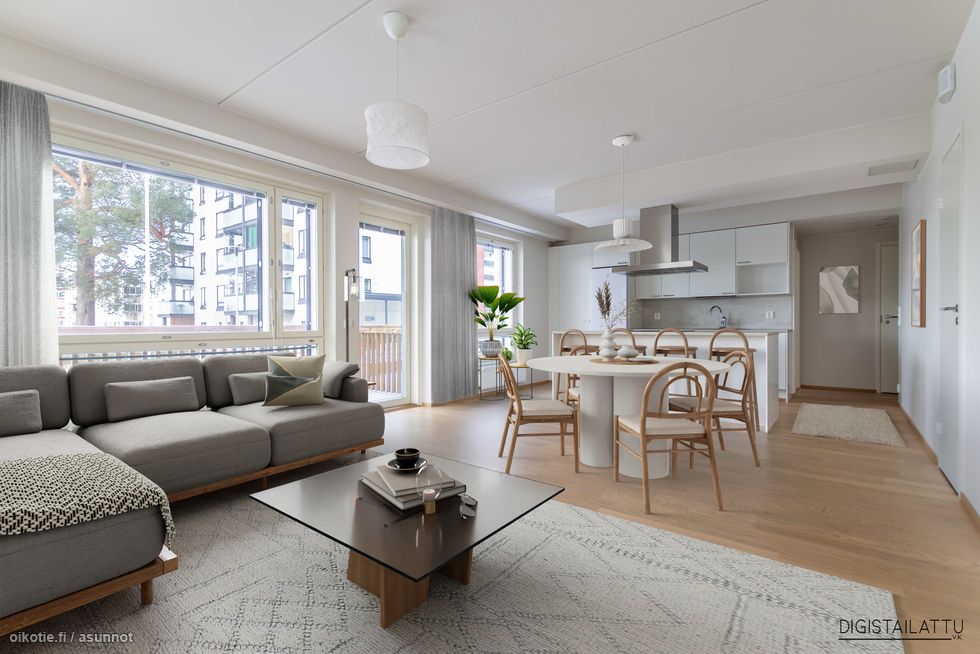 Digistailauskuva olohuoneesta ja keittiöstä