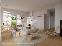 Visualisointikuvassa taiteilijan näkemys 75,5 m2 kodista