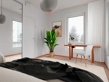 Digistailattu asunto A 04 - Makuuhuone, jossa tilaa myös työpisteelle. Peililiukuovien taakse kätkeytyy runsaasti säilytystilaa.